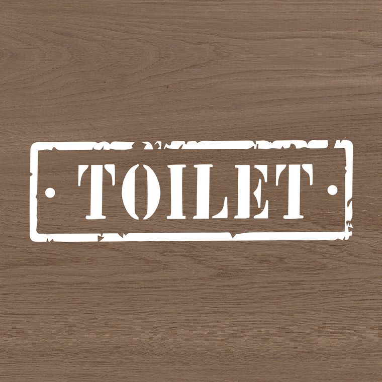 木目調の面に貼られたヴィンテージ風TOILETサインのカッティングシート施工例